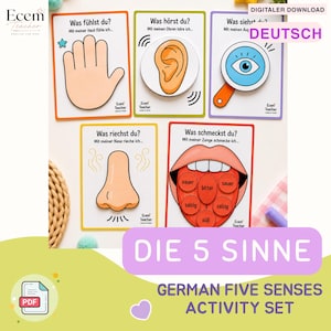 Könnte beinhalten: Ein Set aus fünf Lernkarten, die die fünf Sinne auf Deutsch veranschaulichen. Jede Karte zeigt eine Grafik einer Hand, eines Ohrs, eines Auges, einer Nase oder einer Zunge mit dem entsprechenden deutschen Text wie Was fühlst du, Was hörst du, Was siehst du, Was riechst du und Was schmeckst du.