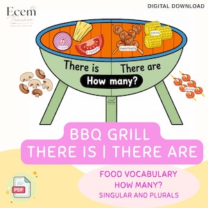 Könnte beinhalten: Eine digitale Lern-Grafik mit einem hellgrünen Grill, der in zwei Bereiche mit der Beschriftung There is und There are sowie dem Text How many? unterteilt ist. Abgebildet sind Lebensmittel wie Zwiebel, Tomate, Ananas, Fleischbällchen, Mais, Pilze und Garnelen.
