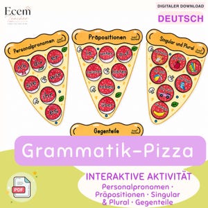 May include: Three pizza slice-shaped educational charts featuring German grammar topics: Personalpronomen, Präpositionen, and Singular und Plural. Each slice contains red pepperoni-style circles with text, plus a separate label for Gegenteile.