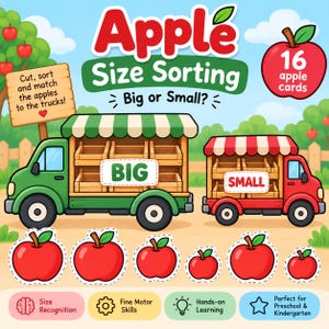 以下が含まれることがあります： Apple Size Sorting Big or Small?と書かれた教育用アクティビティセット。BIGと書かれた緑のトラックとSMALLと書かれた赤いトラック、様々なサイズの16枚の赤いリンゴのカード、木製の看板、学習スキルのアイコンが含まれています。