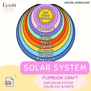 Könnte beinhalten: Ein digitales Sonnensystem-Flipbook-Bastelset mit einem farbenfrohen kreisförmigen Diagramm der Sonne und der Planeten Merkur, Venus, Erde, Mars, Jupiter, Saturn, Uranus und Neptun. Der Text lautet Our Solar System, Solar System und Flipbook Craft.