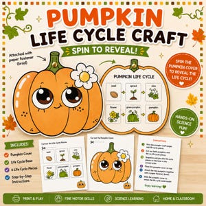 May include: A Pumpkin Life Cycle Craft kit featuring a spinning pumpkin cover attached with a brass fastener to a base showing the life cycle stages: seed, sprout, vine, flower, green pumpkin, and pumpkin. Includes printable instruction sheets.