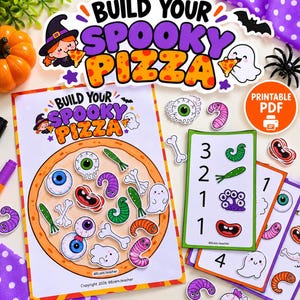 May include: A printable activity set titled Build Your Spooky Pizza featuring a large pizza illustration with cut-out toppings like eyeballs, ghosts, worms, and bones, alongside counting cards with numbers and matching spooky character graphics.