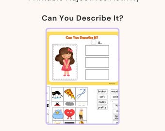 Puede incluir: Actividad imprimible de adjetivos titulada "Ecem Teacher" con la pregunta "Can You Describe It?". La actividad presenta una ilustración de una niña, varias imágenes y una lista de adjetivos. El PDF está disponible para descarga instantánea.