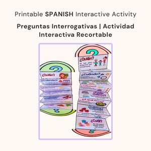 May include: Printable Spanish interactive activity titled "Preguntas Interrogativas | Actividad Interactiva Recortable." The design features two colorful, accordion-style paper crafts with questions like "¿Quién?" and "¿Cuándo?" on each panel. The text "Ecem Teacher" is at the top.
