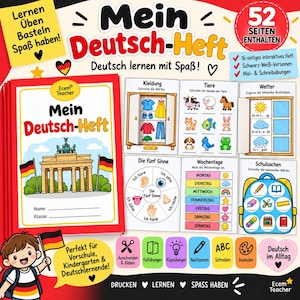 May include: A German language educational workbook titled Mein Deutsch-Heft featuring 52 pages of interactive exercises, colouring, and writing activities. The cover displays the Brandenburg Gate and German flags, with sections on clothing, animals, weather, and senses.