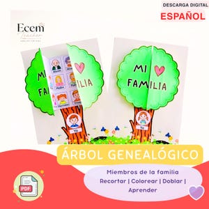 May include: A printable family tree craft project featuring two paper trees with green scalloped foliage and brown trunks. The trees open to reveal a grid of illustrated family members labelled in Spanish, including Abuela, Madre, Padre, and Hermano.