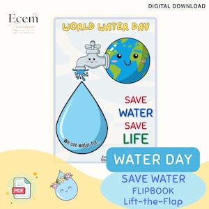 Op de afbeelding: Een digitale educatieve poster voor Wereldwaterdag met een cartoonkraan die water druppelt op een grote blauwe druppel met de tekst We use water for... en een lachende aardbol met de tekst SAVE WATER SAVE LIFE in rood, blauw en groen.