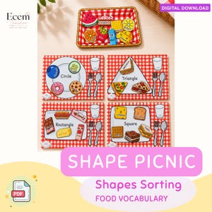 Puede incluir: Un conjunto educativo de descarga digital que presenta una bandeja de cesta de picnic a cuadros rojos y blancos con recortes de comida y cuatro manteles individuales etiquetados Circle, Triangle, Rectangle y Square con alimentos.