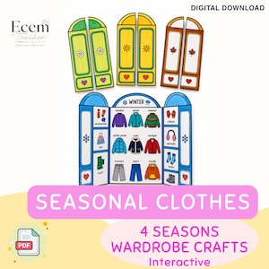 May include: A digital download craft set featuring four sets of illustrated doors and a central winter wardrobe display. The winter section includes labelled drawings of jumpers, jackets, coats, hats, scarves, mittens, earmuffs, and boots for learning.