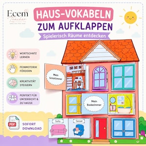 Pode incluir: Uma folha de atividades educativa e colorida com tema de casa e abas interativas. O texto diz HAUS-VOKABELN ZUM AUFKLAPPEN, Spielerisch Räume entdecken, Mein Schlafzimmer, Mein Badezimmer, Sofa, Sessel, WORTSCHATZ LERNEN, FEINMOTORIK FÖRDERN, KREATIVITÄT STEIGERN, PERFEKT FÜR UNTERRICHT & ZU HAUSE, SOFORT DOWNLOAD.