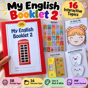 May include: A red-bound educational booklet titled My English Booklet 2 featuring a red telephone booth illustration. The open pages display interactive activities including an alphabet chart, a face drawing task, food icons, and healthy versus unhealthy teeth graphics.