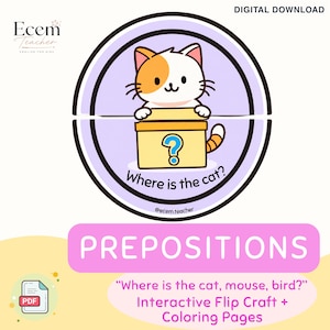 Puede incluir: Una descarga digital con un gráfico circular que muestra un gato de dibujos animados asomándose de una caja amarilla. El texto dice "Where is the cat?", "Ecem Teacher", "PREPOSITIONS" y "Where is the cat, mouse, bird? Interactive Flip Craft + Coloring Pages".