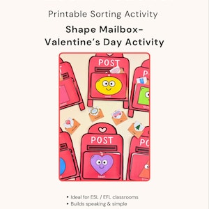 May include: A printable sorting activity for Valentine's Day featuring red mailboxes with different shapes and smiling faces. The text "Ecem Teacher" and "Shape Mailbox-Valentine's Day Activity" are displayed at the top.