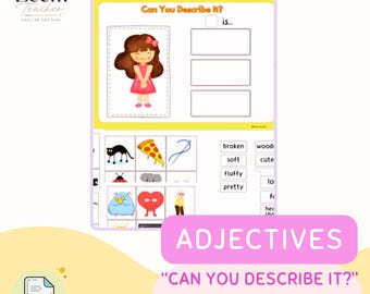 Op de afbeelding: Een digitaal educatief werkblad getiteld Can You Describe It? met een illustratie van een meisje, lege vakjes om in te schrijven en een raster met diverse afbeeldingen zoals een kat, pizzapunt, naald en hart met bijbehorende bijvoeglijke naamwoorden.