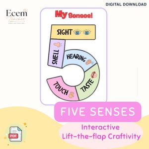 May include: A digital download educational graphic titled My Senses featuring a large number five. Each section of the number represents a sense: sight with eyes, smell with a nose, hearing with an ear, touch with a hand, and taste with a mouth.