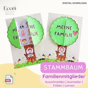 Puede incluir: Un proyecto de manualidades en descarga digital con dos árboles de papel con copas festoneadas verdes y troncos marrones. Los árboles tienen el texto MEINE FAMILIE y un corazón rosa. Un árbol está abierto y muestra una cuadrícula de iconos.