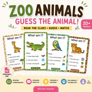 Könnte beinhalten: Ein Set aus druckbaren Lernkarten mit dem Titel ZOO ANIMALS GUESS THE ANIMAL! mit Illustrationen von Giraffe, Krokodil, Papagei und Leopard. Jede Karte enthält den Text What am I?, drei nummerierte Hinweise und kleine Symbole.