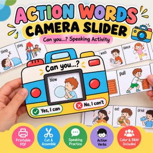 Puede incluir: Una actividad educativa de deslizador de cámara con verbos de acción, que presenta un marco colorido con forma de cámara y una ranura para insertar tiras que muestran ilustraciones de niños realizando acciones como soplar, dormir, jugar, lavar, bailar, tirar, comer y beber.