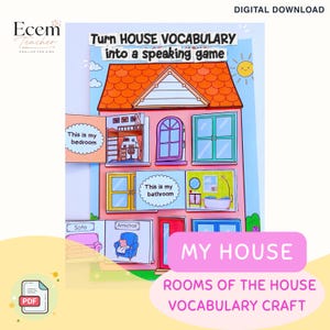Può includere: Un'attività manuale in download digitale che mostra un'illustrazione di una casa rosa con un tetto arancione. La casa ha alette interattive con le scritte This is my bedroom e This is my bathroom. Il testo include Turn HOUSE VOCABULARY into a speaking game.