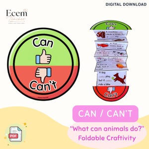 Attività su "Can" e "Can't" / Lavoretto di grammatica per l'apprendimento dell'inglese come seconda lingua / Attività interattiva pieghevole per bambini