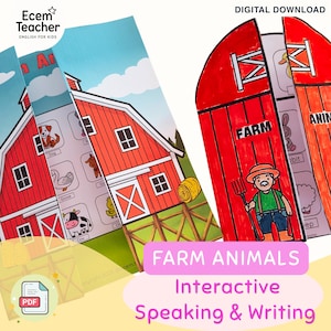 Può includere: Un download digitale per attività didattiche con l'illustrazione di un fienile rosso e il testo FARM ANIMALS. Il design interattivo include un contadino con un forcone e vari disegni di animali come cane, oca, mucca e coniglio.
