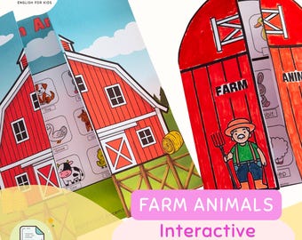 Op de afbeelding: Een digitale download voor educatieve activiteiten met een illustratie van een rode schuur en de tekst FARM ANIMALS. Het interactieve ontwerp toont een boer met een hooivork en diverse dierentekeningen zoals een hond, gans, koe en konijn.