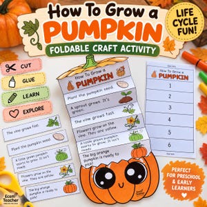 Peut inclure: Un kit d'activité manuelle pliable How To Grow a Pumpkin comprenant une citrouille en papier en accordéon illustrant les étapes du cycle de vie, une fiche numérotée, des étiquettes d'instructions et des illustrations de citrouilles colorées.