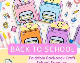 Manualidad de mochila plegable / Actividad de vocabulario sobre útiles escolares / Material imprimible para la vuelta al cole / Inglés como segunda lengua (ESL/EFL) para preescolar y primer grado