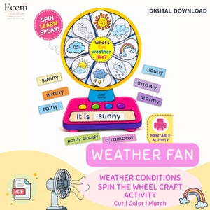 Op de afbeelding: Een kleurrijk weerwiel met een gele draaischijf met illustraties van zon, wolken, regen en bliksem. De tekst in het midden luidt What's the weather like? Daaronder staat een roze basis met knoppen en een vakje met de tekst It is sunny.