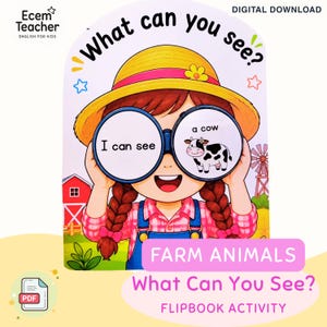 Pode incluir: Uma folha de atividade educativa digital com uma personagem de desenho animado de chapéu amarelo olhando através de binóculos. As lentes exibem o texto I can see e uma vaca. O fundo mostra um celeiro vermelho e um moinho com o texto What can you see?