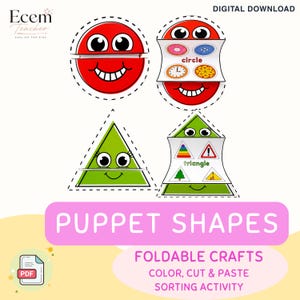 Peut inclure: Un téléchargement numérique présentant des formes de marionnettes pliables, dont un cercle rouge et un triangle vert. Chaque forme a un visage souriant et un rabat qui s'ouvre pour révéler des images d'objets correspondants, avec le texte circle et triangle.