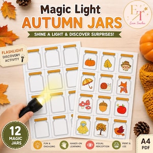 May include: Two printable A4 sheets featuring 12 empty mason jars and 12 jars containing autumn illustrations including a pumpkin, leaf, scarecrow, umbrella, snail, fox, mushrooms, acorn, apple, raincoat, tree, and bird, with the text Magic Light AUTUMN JARS.