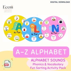 Può includere: Un pacchetto di attività educative in download digitale con tre grafici circolari in giallo, blu e rosa. Ogni grafico mostra una grande lettera, un'illustrazione di un animale e icone circolari con parole, etichettato come A-Z ALPHABET.
