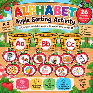 Peut inclure: Un jeu éducatif de tri de pommes par alphabet comprenant trois paniers jaunes étiquetés Aa, Bb et Cc. Le kit inclut des cartes en forme de pomme illustrées avec un astronaute, une fourmi, un gland, une abeille, un ours, un chat, un biscuit, un ballon, un cupcake, un chien et une fleur.