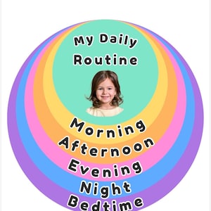 Puede incluir: Un gráfico circular colorido con el texto "My Daily Routine" y una foto de un niño sonriente. El gráfico está dividido en anillos concéntricos de varios colores, con las palabras "Mañana", "Tarde", "Noche", "Noche" y "Hora de dormir".