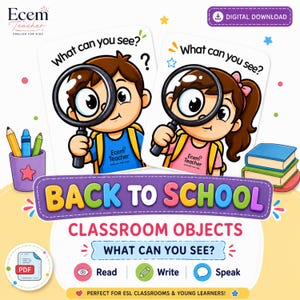 Puede incluir: Tarjetas educativas con personajes de dibujos animados sosteniendo lupas con el texto What can you see? y Back to School Classroom Objects. Incluye iconos para Read, Write, Speak, un portalápices y una pila de libros.