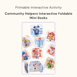 Puede incluir: Actividad interactiva imprimible titulada "Ecem Teacher" con minilibros plegables sobre ayudantes comunitarios. La imagen muestra ilustraciones de varios ayudantes comunitarios, incluidos policías, bomberos y médicos. El texto dice "Actividad práctica" y "Descarga instantánea en PDF".