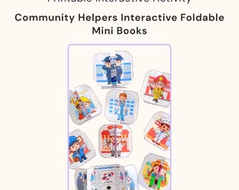 Puede incluir: Actividad interactiva imprimible titulada "Ecem Teacher" con minilibros plegables sobre ayudantes comunitarios. La imagen muestra ilustraciones de varios ayudantes comunitarios, incluidos policías, bomberos y médicos. El texto dice "Actividad práctica" y "Descarga instantánea en PDF".