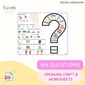 Può includere: Una risorsa educativa in download digitale con domande WH. La grafica include un grande punto interrogativo nero contenente testo come Who, What, When, Where, How e Which, insieme a diversi fogli di lavoro con scenari illustrati e domande.