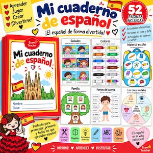 Peut inclure: Un cahier d'exercices de langue espagnole intitulé Mi cuaderno de español avec une couverture rouge illustrée d'une cathédrale et du drapeau espagnol. L'ensemble inclut des pages d'activités sur les salutations, les couleurs et le corps.