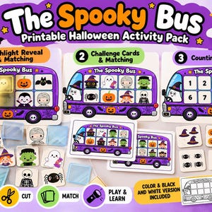 Könnte beinhalten: Ein druckbares Halloween-Aktivitätsset mit dem Titel The Spooky Bus, bestehend aus drei Spielbrettern mit lila Bus-Illustrationen, passenden Karten mit Geistern, Kürbissen und Monstern, einer Taschenlampen-Suchaktivität und Zählkarten von 1 bis 10.