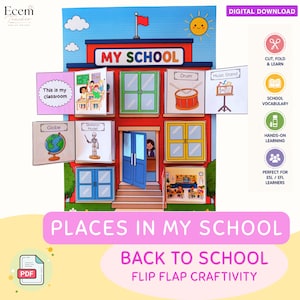 Op de afbeelding: Een digitale knutselactiviteit getiteld My School met een rood schoolgebouw met openslaande flappen. De flappen tonen illustraties van een klaslokaal, wereldbol, skeletmodel, trommel en muziekstandaard. Het ontwerp bevat een blauwe lucht, zon en tekst.