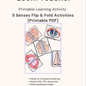 Puede incluir: Actividad de aprendizaje imprimible "Ecem Teacher" con "5 Senses Flip & Fold Activities." La imagen muestra tarjetas ilustradas de partes del cuerpo: una oreja, un ojo, una mano, labios y una nariz. El texto incluye "Hands-on & interactive learning" y "PDF • Instant Download."