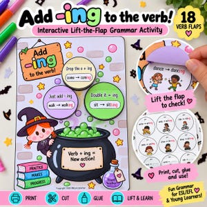 Może przedstawiać: Interaktywny arkusz ćwiczeń gramatycznych zatytułowany Add -ing to the verb! z rysunkową czarownicą, bulgoczącym kociołkiem i 18 klapkami z czasownikami. Materiał edukacyjny zawiera kolorowe ilustracje, instrukcje tekstowe oraz okrągłe elementy typu lift-the-flap do nauki zasad koniugacji.