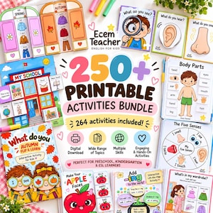 Può includere: Un pacchetto di oltre 250 attività stampabili per bambini con fogli di lavoro educativi colorati, schede interattive, diagrammi delle parti del corpo e grafici dei cinque sensi. Il testo centrale recita 250+ PRINTABLE ACTIVITIES BUNDLE.