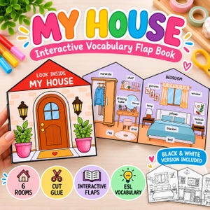 Può includere: Un libro interattivo di vocabolario con alette intitolato My House che mostra l'esterno di una casa colorata con una porta marrone e piante, e una vista interna di una camera da letto con mobili etichettati e una versione in bianco e nero.
