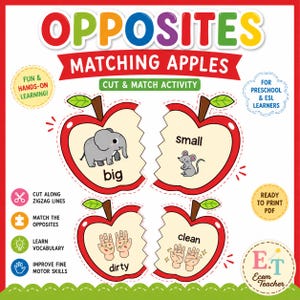 以下が含まれることがあります： OPPOSITES MATCHING APPLESと題された教育用プリント教材。ジグザグの縁取りがされた赤いリンゴの形の中に、big、small、dirty、cleanといった単語とイラストが描かれています。切り取りやマッチング学習のためのアイコンが含まれています。