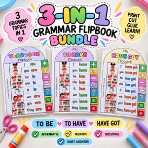 Puede incluir: Un paquete de tres cuadernillos educativos titulados My Verb To Be, My To Have y My Have Got. Cada libro incluye ilustraciones coloridas de niños, tablas de conjugación gramatical y símbolos para formas afirmativas, negativas e interrogativas. El conjunto incluye etiquetas de texto para actividades de imprimir, cortar, pegar y aprender.