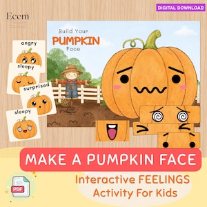 Pode incluir: Uma folha de atividades digital intitulada Build Your PUMPKIN Face apresentando uma grande abóbora laranja, um espantalho em um campo e vários elementos faciais intercambiáveis, incluindo olhos e bocas para expressar diferentes emoções.